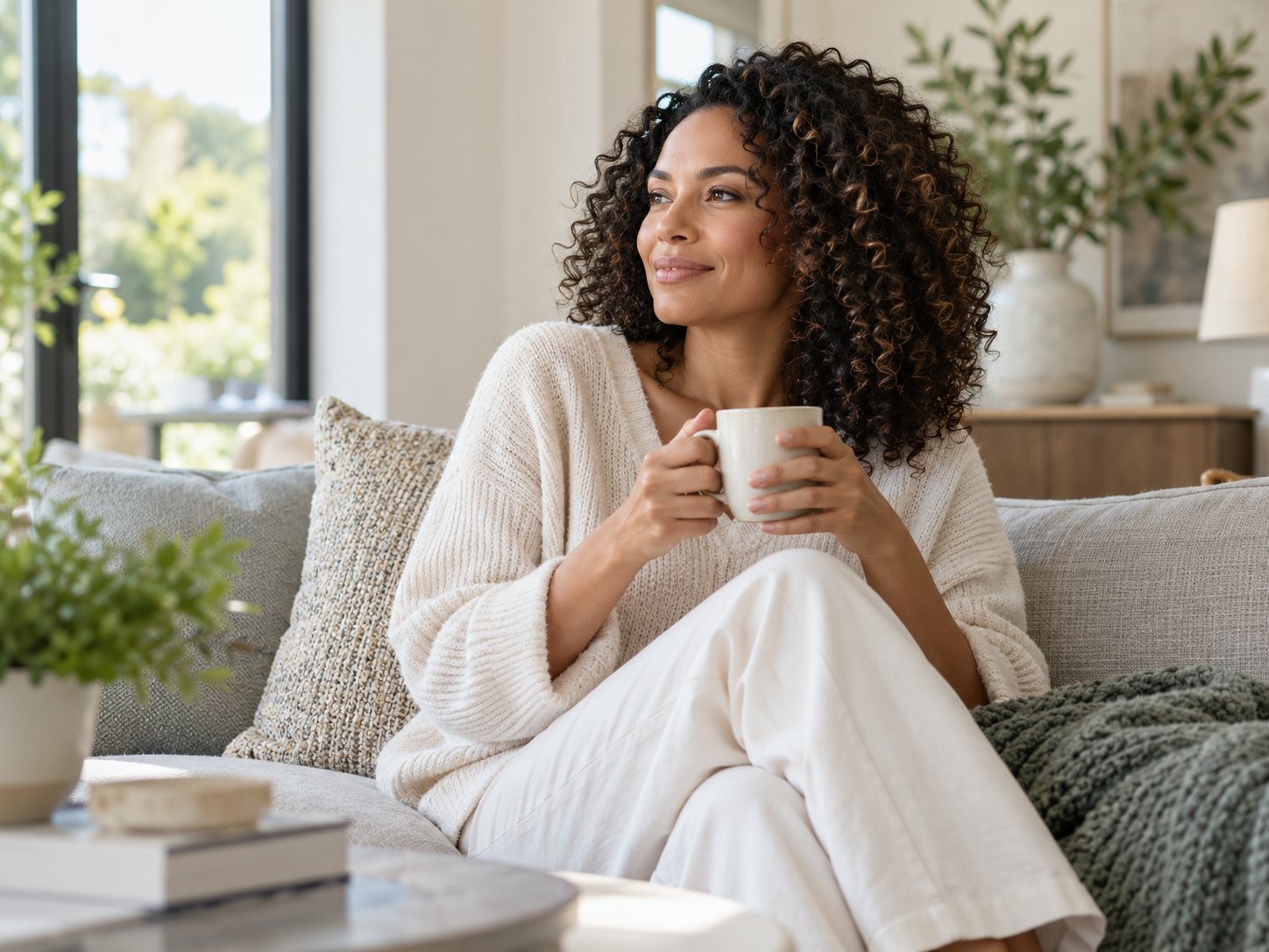 A woman relaxing at home with a warm drink